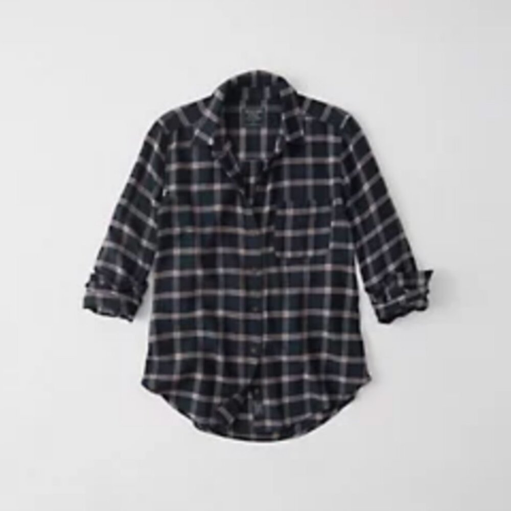 abercrombie kids flannel Shirt Top Plaid navy blue white Long Sleeve girl 15/16